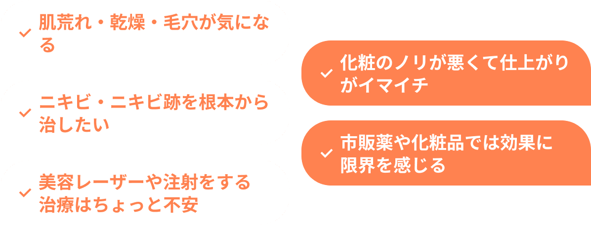 肌荒れ・乾燥・毛穴が気になる 化粧のノリが悪くて仕上がりがイマイチ ニキビ・ニキビ跡を根本から治したい 市販薬や化粧品では効果に限界を感じる 美容レーザーや注射をする治療はちょっと不安