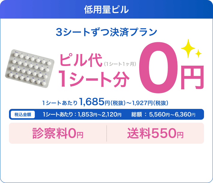 低用量ピル 3シートずつ決済プラン 1ヶ月分0円
