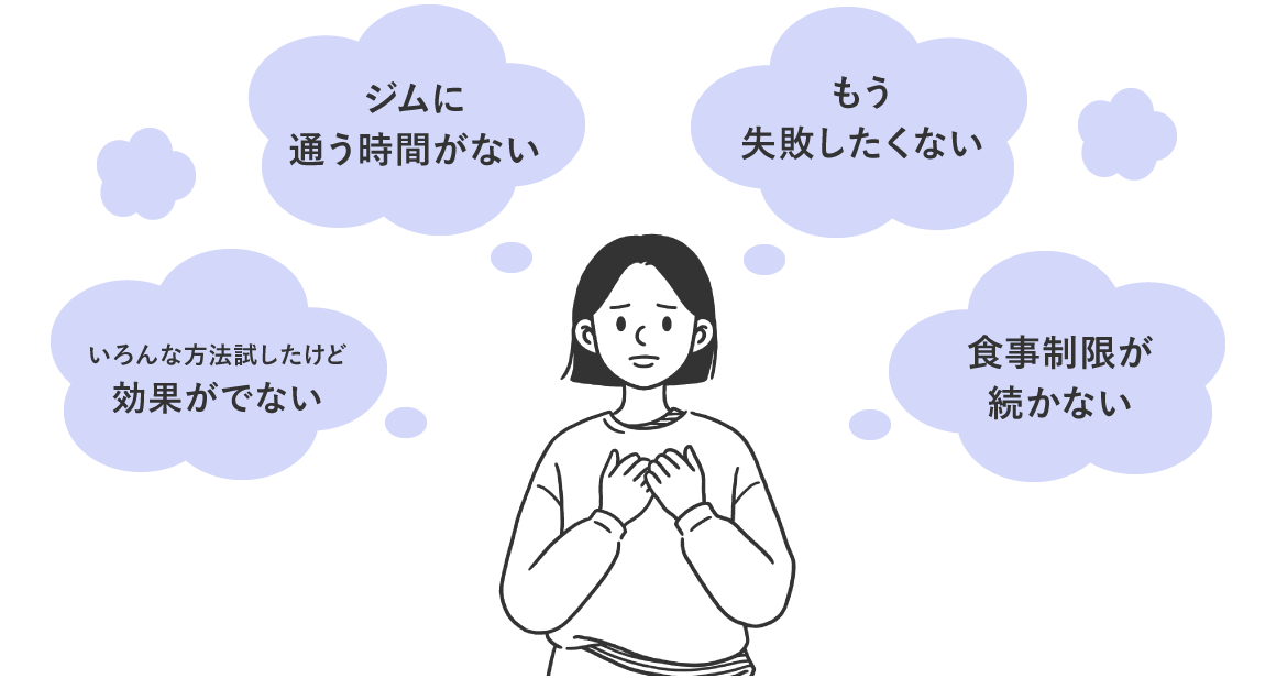 いろんな方法試したけど効果が出ない　ジムに通う時間がない　もう失敗したくない　食事制限が続かない