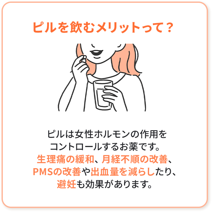 ピルを飲むメリットって？　
				  ピルは女性ホルモンの作用をコントロールするお薬です。生理痛の緩和、月経不順の改善、PMSの改善や出血量を減らしたり、避妊も効果があります。
