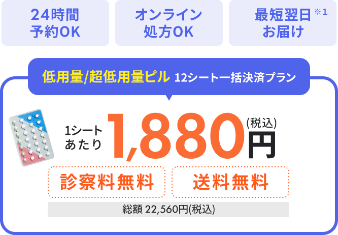 クーポン利用で年間6,000円OFF 低用量/超低用量ピル 12シート一括決済プラン 1シートあたり1,880円(税込) 診察料無料 送料無料 総額：22,560円(税込)