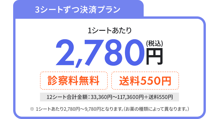 
			  3シートずつ決済プラン 1シートあたり2,780円(税込) ＋診察料無料 送料550円　
			  12シート合計金額：33,360円〜117,3600円＋送料550円
			  ※　1シートあたり2,780円〜9,780円となります。（お薬の種類によって異なります。）