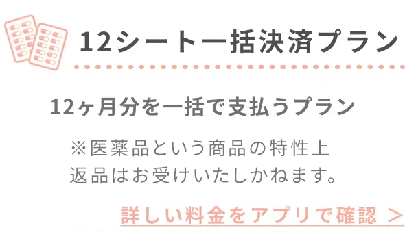 国内最安値 12ヶ月定期処方プラン まとめ買いが一番オトク 12ヶ月分を一括で支払うプラン ※解約はアプリ内にて即手続き可能です｡